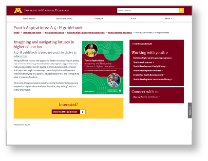 University of Minnesota Extension's Youth Aspirations: A 4-H guidebook webpage