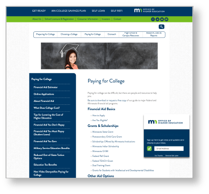 The Minnesota Office of Higher Education's Paying for College webpage