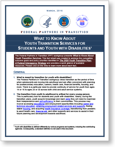 Federal Partners in Transition Fact Sheet cover, titled "What to Know About Youth Transition Services".