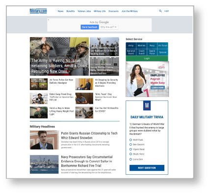 The Military.com webpage