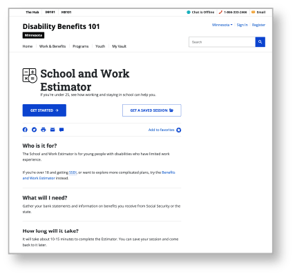 Disability Benefits 101's School and Work Estimator webpage