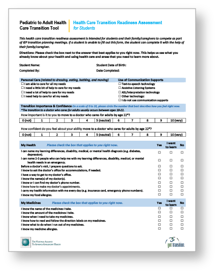 Page from Health care transition readiness assessment