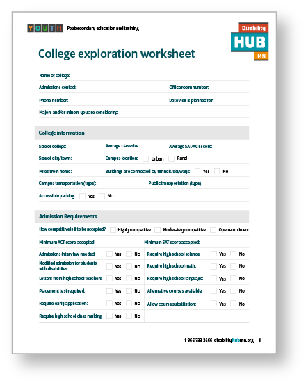 The first page of the College Exploration worksheet