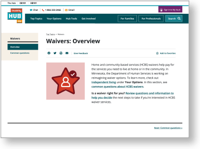 Screenshot of the Disability Hub MN's website, waivers: overview page.