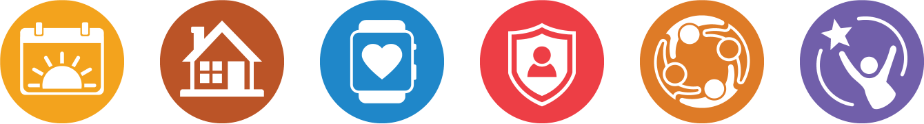 Charting the LifeCourse domain icons - daily life & employment, community living, healthy living, safety & security, social & spirituality, and advocacy & engagement