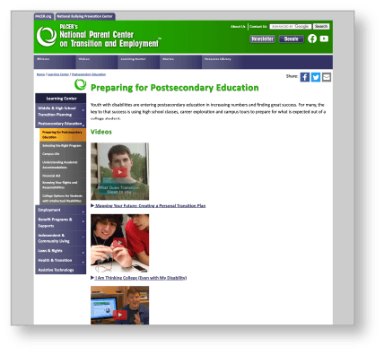 PACER Center's Preparing for Postsecondary Education webpage