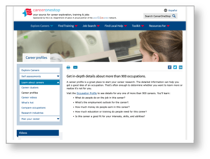 CareerOne Stop's Career profiles webpage