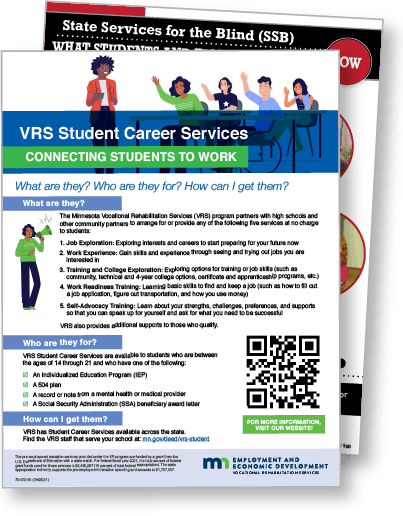 Stacked cover images of the VRS flyer, "VRS Student Career Services: Connecting Students to Work", and the SSB flyer.