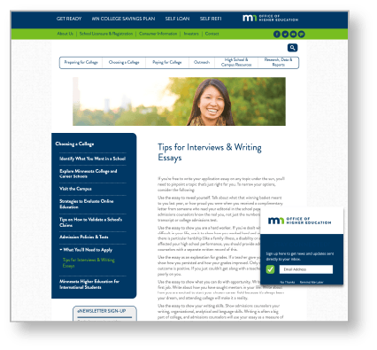 The Minnesota Office of Higher Education's Tips for Interviews and Writing Essays webpage