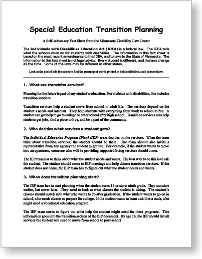 Cover page of the Minnesota Disability Law Center's self-advocacy fact sheet called "Special Education Transition Planning."
