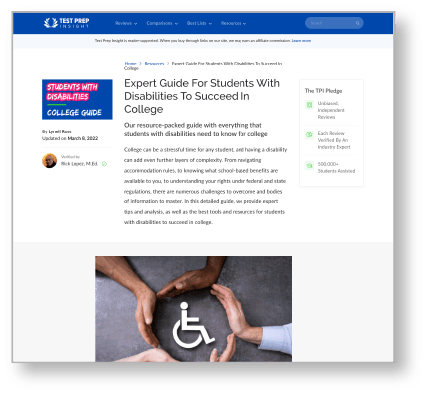 Test Prep's Expert Guide for Students with disabilities to succeed in college webpage
