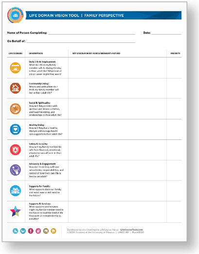 Cover page of a worksheet with a chart called the "Life Domain Vision Tool—Family Perspective".