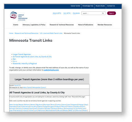 American Public Transportation Association, Minnesota transit links webpage