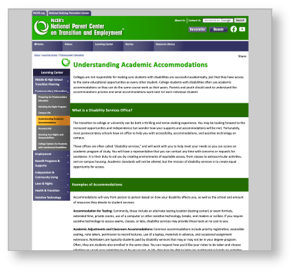 PACER Center's Understanding Academic Accomodations webpage
