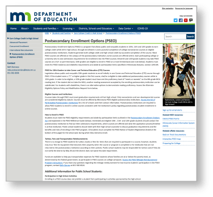 The Minnesota Department of Education's Postsecondary Enrollment Options webpage