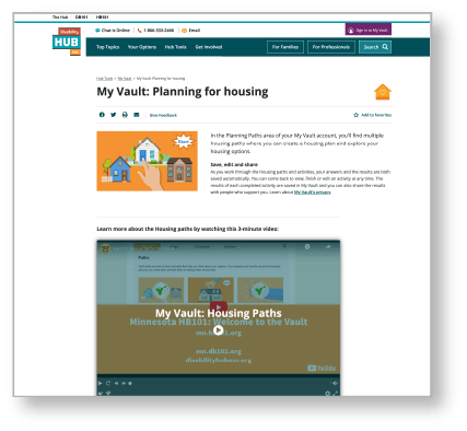 Disability Hub MN's Hub tools: My Vault Planning for Housing webpage